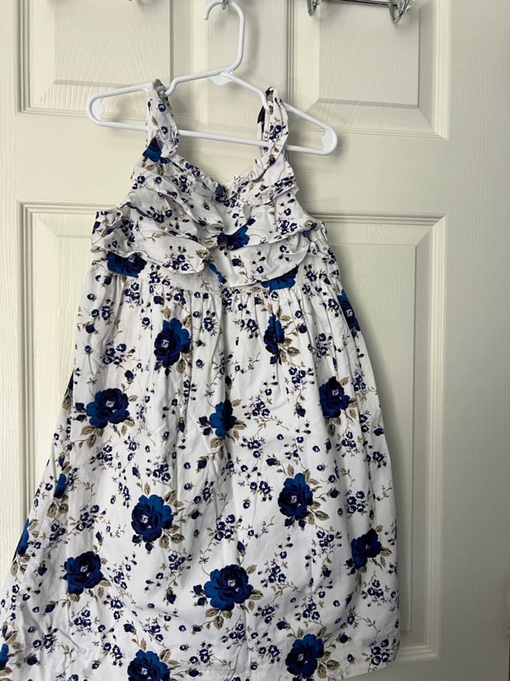 Girls White Dress with Blue Floral Print - Ruffled Sundress